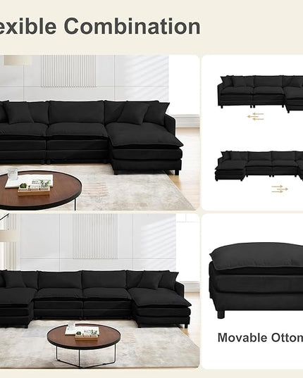 Modular Sectional Sofa,143.31'' Modern Sofa Sleeper Couch,Comfy Cloud Couches with 4 Seat & 2 Ottoman & 4 Pillows Sofa Set,Deep Seat Sofa with Movable Ottoman for Living Room,Chenille (Black,U shaped)