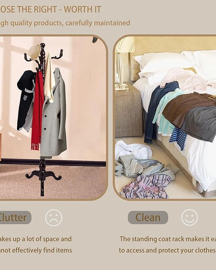 Coat Rack Freestanding with 18 Hooks, Wooden Standing Coat Racks for Entryway, Solid Wood Clothes Hanger Rack with Sturdy Round Base for Entryway, Hall, Bedroom, Office, Hallway (Triangular base)