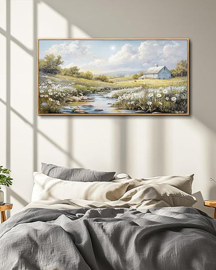 PHAOHUAXM Wall Art For Living Room Large Canvas Wall Decor For Bedroom Flower Watercolour Painting Office Decoration Countryside Scenery Mural Artwork Ready To Hang Home Decor 24x48 In Wood Framed