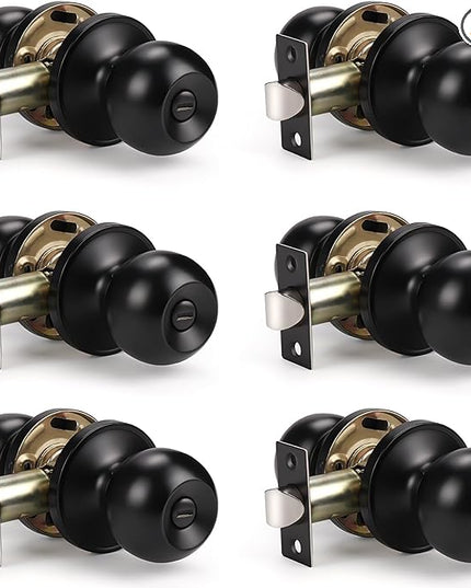 KNOBWELL 6 Pack Matte Black Interior Door Knob, Privacy Door Knobs with Lock, Bathroom Bathroom Door Knob, Interior Door Use (No Keys)