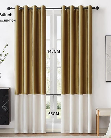 BULBUL Color Block Window Curtains Panels 84 inches Long Gold Ivory Velvet Farmhouse Drapes for Bedroom Living Room Darkening Treatment with Grommet Set of 2