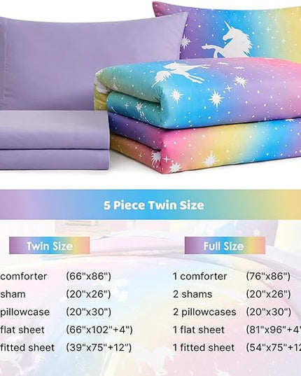 Twin Comforter Set for Girls-5 Pieces Rainbow Unicorn Twin Bedding Sets for Kids, Ultra Soft Bed in A Bag with Sheets