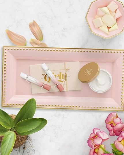 2 Pack Pink Bathroom Vanity Tray for Countertop with Beads, Small Plastic Toilet Tank Versatile Storage Organization Tray for Makeup, Perfume, Desk, Kitchen, Candles, 14"x7"x1", 36P