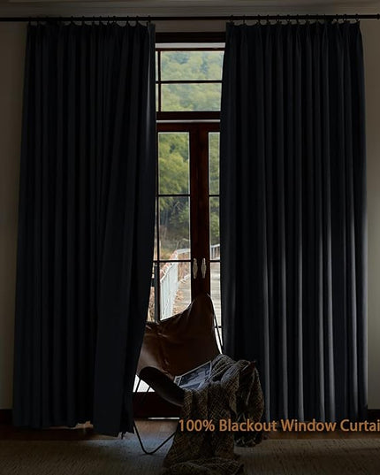 Textured Linen Double Pleats 100% Blackout Curtains for Bedroom/Living Room Blackout Curtains 108 Inches Long, Energy Saving Window Treatment Curtains,72Wx108Lx2,Grey Blue