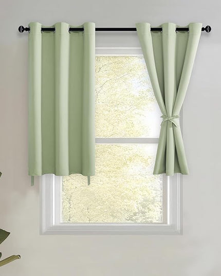 JIUZHEN Light Green Blackout Curtains with Tiebacks Thermal Insulated, Light Blocking and Noise Reducing Grommet Curtains for and Living Room, Set of 2 Window Curtain Panels, 34 x 24 Inch Length