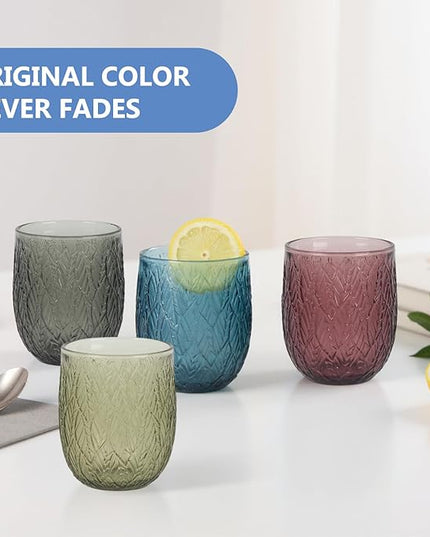 Colored Glasses Drinking Set of 6, 12oz Vintage Drinking Glasses, Embossed Glass Cups, Water Tumbler for Cocktail, Various Mixed Drinks (Willow Leaf 6PCS)