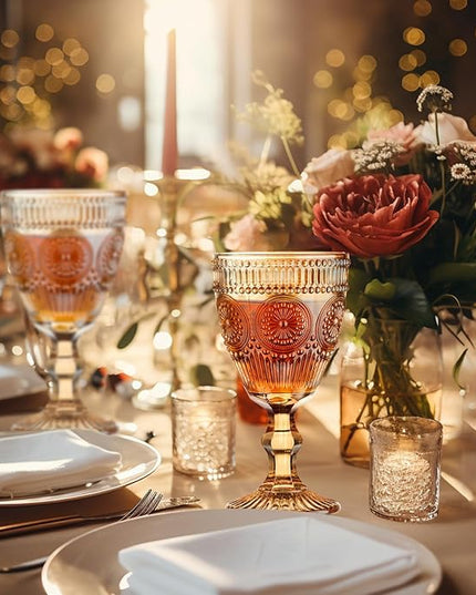 24 Pcs Vintage Wine Glasses, 10 Oz Colored Glass Water Goblets, Unique Flower Embossed Pattern High Clear Stemmed Glassware Wedding Party Bar Glass Drinking Cups Flower Amber Fancy Glasses Set of 24