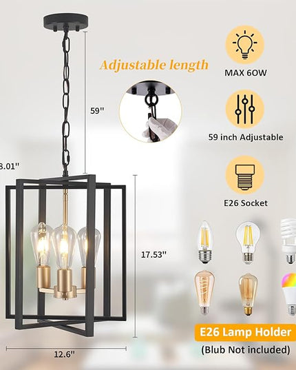 Black Gold Chandelier for Dining Room, Modern Farmhouse 3 Light Entryway Pendant Light Fixture Adjustable Geometric Industrial Rustic Foyer Light for Living Room Kitchen Island Hallway Bedroom
