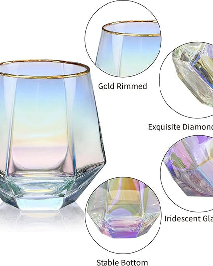 XKXKKE Diamond Wine Glasses Set of 2, 10 OZ Modern Stemless Gold Rim Glass Cups Iridescent Drinking Glassware for Serving Party, Home, Bar, Restaurants, Gift, Rainbow Tumbler, Colorful 2 Pack