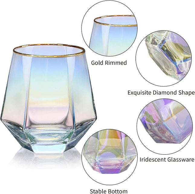 XKXKKE Diamond Wine Glasses Set of 2, 10 OZ Modern Stemless Gold Rim Glass Cups Iridescent Drinking Glassware for Serving Party, Home, Bar, Restaurants, Gift, Rainbow Tumbler, Colorful 2 Pack