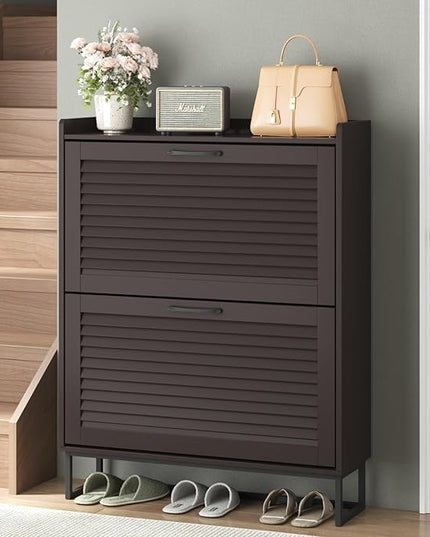 Maupvit Shoe Storage Cabinet with 2 Flip Louvered Doors, Freestanding Organizer with Metal Legs, Shoe Cabinet for Entryway, Narrow Shoe Rack Cabinet, Espresso Color