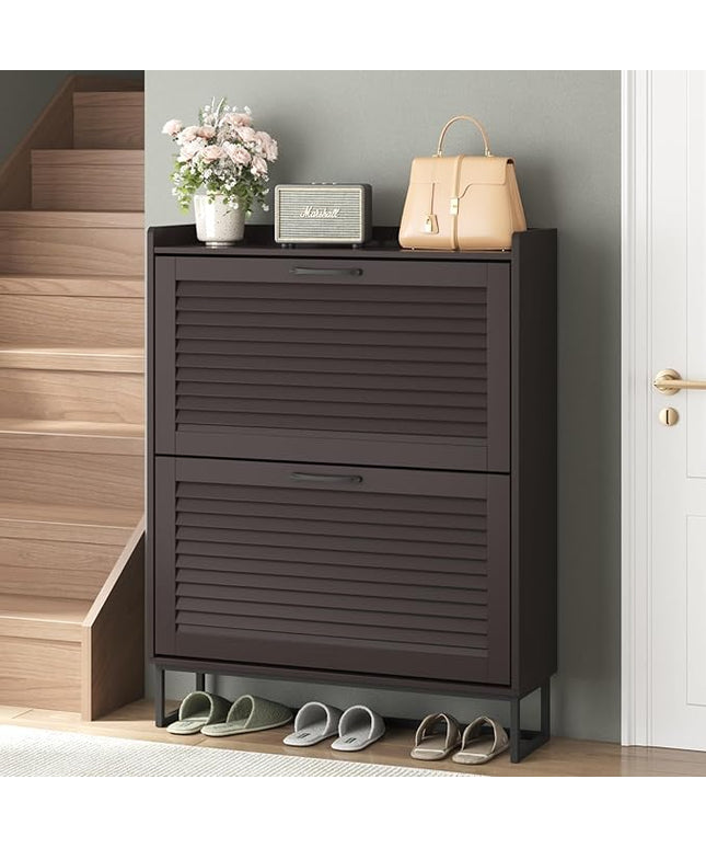 Maupvit Shoe Storage Cabinet with 2 Flip Louvered Doors, Freestanding Organizer with Metal Legs, Shoe Cabinet for Entryway, Narrow Shoe Rack Cabinet, Espresso Color
