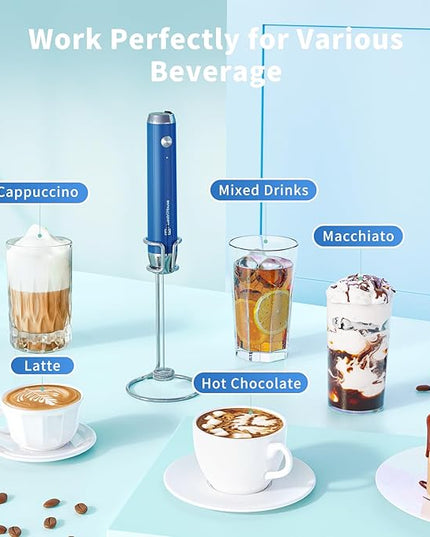 Maestri House Rechargeable Milk Frother with Stand, LunaFro Handheld Electric Foam Maker Waterproof Detachable Stainless Steel Whisk Drink Mixer Foamer for Lattes, Cappuccino