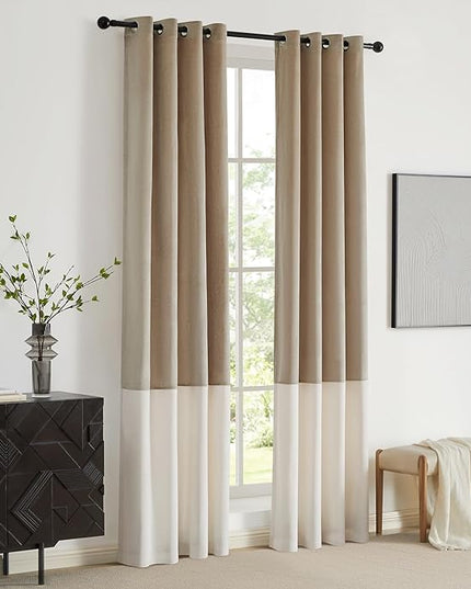 BULBUL Champagne Cream Ivory Color Block Window Curtains Panels 63 inches Long Velvet Farmhouse Drapes for Bedroom Living Room Darkening Treatment with Grommet Set of 2