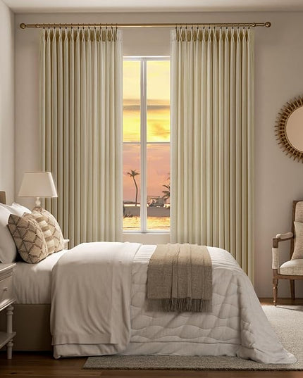 Pinch Pleated Beige 84 Inches Long Curtains for Bedroom or Living Room, Memory Shaped Cream Linen Window Drapes Light Filtering Privacy 7 ft Boho Curtain with Back Tab and Hooks 2 Panels Set