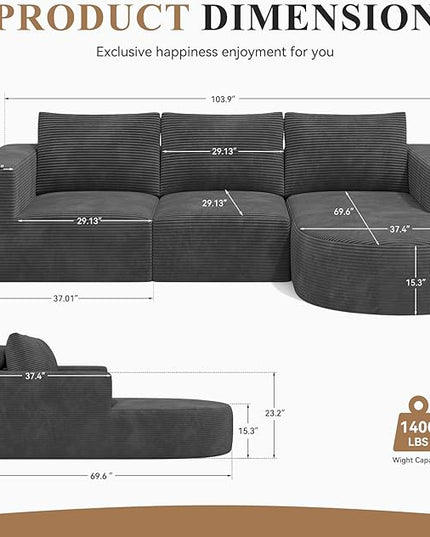 Modular Sectional Sofa with L-Shape Chaise,Cloud Sectional Modern Sleeper Couch with Deep Seat,Sponge Compression Sofas No Assembly Required (Dark Gray-Corduroy Fabric) 1PCS
