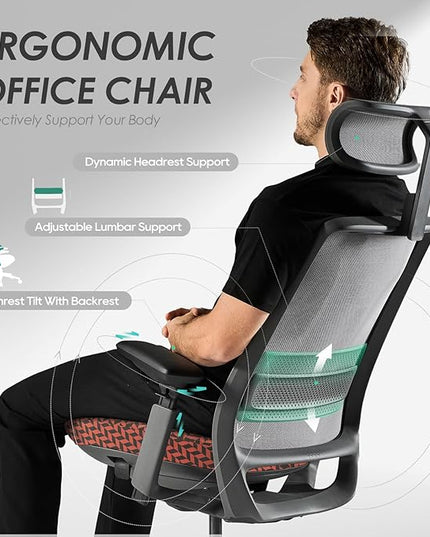 COLAMY Ergonomic Office Chair, Mesh Desk Chair with High Back, Lumbar Support, Adjustable Headrest and 4D Arms, Slide Seat, Tilt Lock-Coral