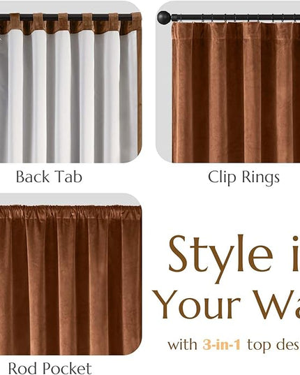 Lazzzy Burnt Orange Velvet Curtains 108 Inches Long Blackout Thermal Insulated Room Darkening Lined Curtain Drapes Back Tab Window Treatments for Bedroom Living Room 2 Panels,52 x 108 Inch, Caramel