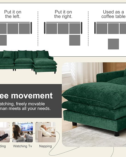 Modular Sectional Sofa,Modern Sofa Sleeper Couch,3 Seat & 1 Ottoman,Comfy Cloud Couches Soft Chenille Sofa Set with Movable Ottoman Deep Seat Sofa for Living Room (Green, L Shaped)