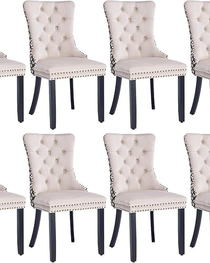 SoarFlash Velvet Dining Chairs Set of 8, Tall Back Side Chair, Modern Upholstered Side Chair with Button Back Ring, Solid Wood Legs (White&Plaid)