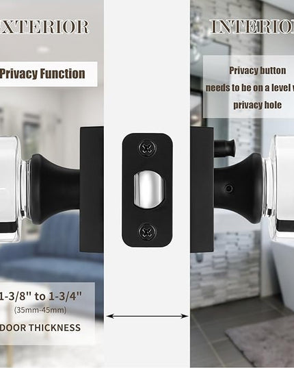 Glass Door Knobs Interior, Privacy Crystal Door Knobs with Lock, Vintage Black Bedroom Door knobs Crystal Door Handles for Bathroom, Matte Black