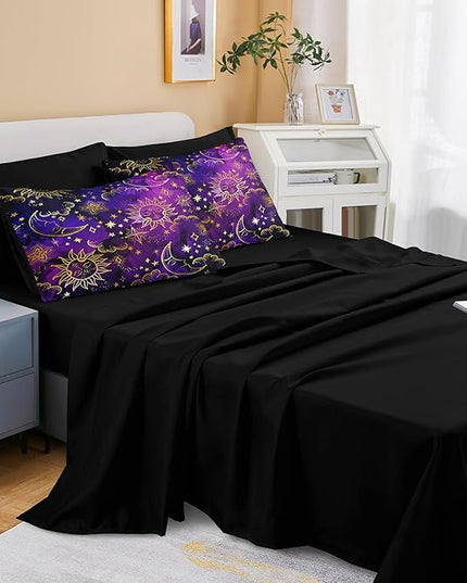 Merryword 8 Pieces Universe Bed in a Bag Sun and Moon Comforter Set Full Size Galaxy Bedding Purple Gold Moon Star Pattern Bohemian Gothic Comforter Set for Boys Girls Women