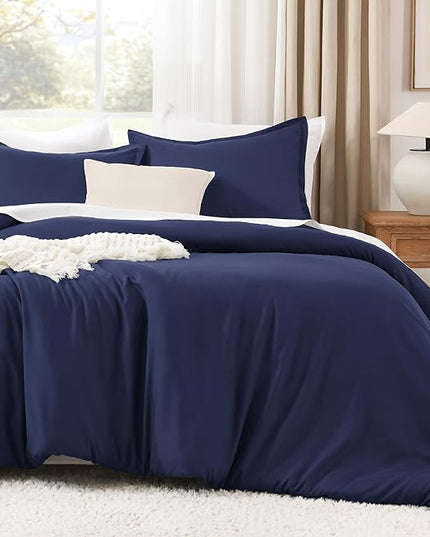 Litanika Comforters Navy Blue Super King Plus Size, 3 Pieces Lightweight Solid Bedding Set & Collections, All Season Fluffy Bed Set (128x120In Comforter & 2 Pillowcases)