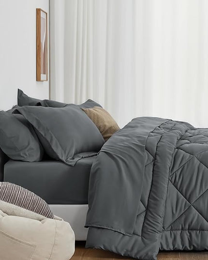 Love's cabin Twin Comforter Set Dark Grey, 5 Pieces Twin Bed in a Bag, All Season Bedding Sets with 1 Comforter, 1 Flat Sheet, 1 Fitted Sheet, 1 Pillowcase and 1 Pillow Sham