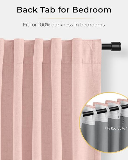 INOVADAY 100% Blackout Curtains for Bedroom, Black Out Curtains 96 Inch Long, Clip Rings Linen Blackout Drapes, Thermal Insulated Room Darkening for Living Room, 2 Panels - Blush Pink,W50xL96