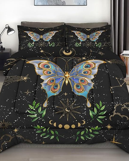 Comforter Set Twin Size, Gothic Butterfly Moon Soft 2 Pcs Bedding for Kids and Adults Botanical Plant Leaf Comforter Set with Pillowcase for Bedroom Bed Decor