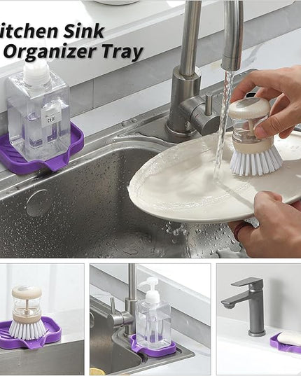 Silicone Bathroom Soap Dishes with Drain Spout-Bathroom and Kitchen Sink Organizer,Sponge Holder,Dish Soap Tray,Perfect for Dispenser,Scrubber,Bottle,Cup on Sink or Counter-Purple 4.9"×3.2"