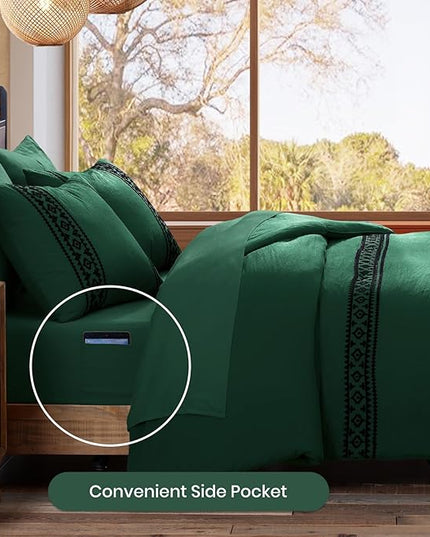 MaiRêve Embroidery Comforter Set, Boho Farmhouse Western Bedding Set, All Season Bed in A Bag Comforter Set with Sheets, Pillowcases & Shams, Emerald Green Queen 7 Pieces