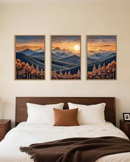HOURIA Boho Wilderness Sunset Woodland Mountain Framed Canvas Wall Art Set,Vintage Golden Hour Forest Landscape Decor,Natural Modern Pine Tree Botanical Artwork for Living Room,Farmhouse-24 x36 x3
