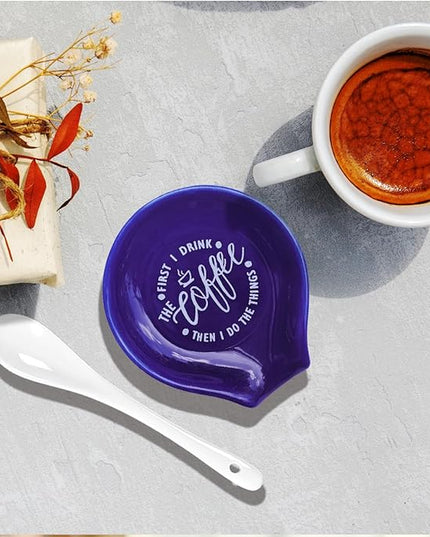 Funny Coffee Quote First I Drink The Coffee Then I Do The Things Ceramic Spoon Holder-Navy Blue Coffee Spoon Rest -Cafe Station Bar Accessories