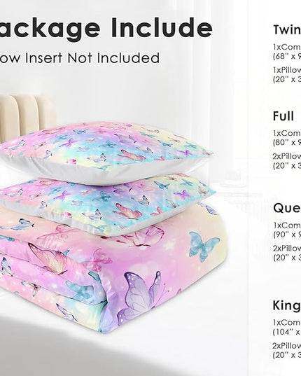 Comforter Set King Size, Pink Blue Butterfly Soft 3 Pcs Bedding for Kids and Adults Purple Colorful Rainbow Comforter Set with 2 Pillowcases for Bedroom Bed Decor