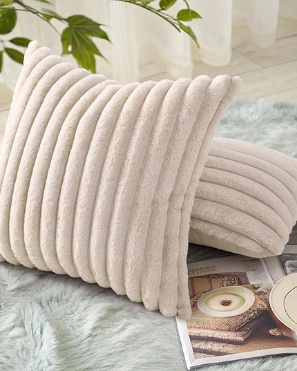 decorUhome Faux Fur Spring Throw Pillow Covers 20x20 Set of 2, Decorative Soft Plush Striped Neutral Couch Euro Pillow Covers with Velvet Back for Sofa, Bed, Living Room Home Decor, Beige