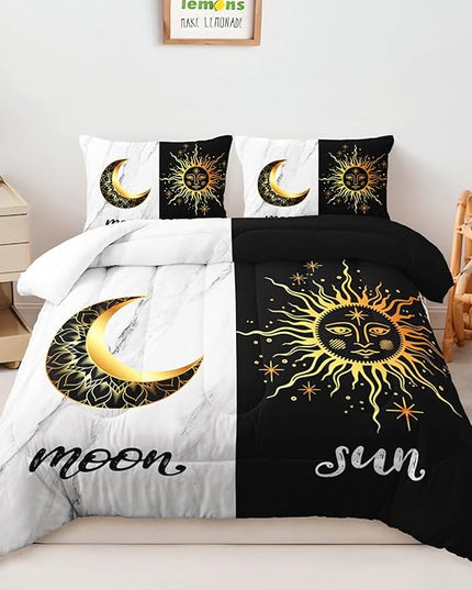 AILONEN Sun and Moon Queen Size Bedding Set,Black and White Marble Print Duvet Set Room Decor 3Pcs,Celestial Boho Comforter with 2 Pillowcases