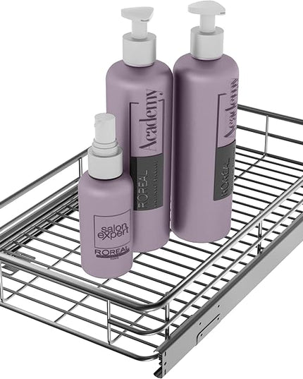 Sliding Cabinet Organizer Pull Out Shelves (11" W x 21" D), Heavy-Duty Slide Out Shelf, Steel Metal Cabinet Roll Out Shelves for Kitchen Bathroom, Chrome