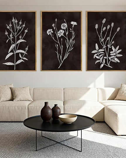 Extra Large Black and White Floral Wall Art Framed Botanical Wall Decor 3 Pieces for Bathroom Living Room Bedroom 24x36 Inch