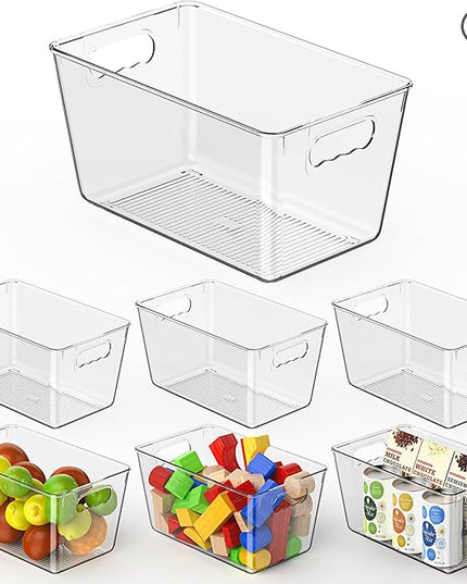 Clear Pantry Organizer Bins, Storage Containers & Plastic Containers with Handle, Cabinet Organizer, Home Organization Must Haves for Kitchen, Laundry Room, Office, Closet & Freezer (6 Pack)