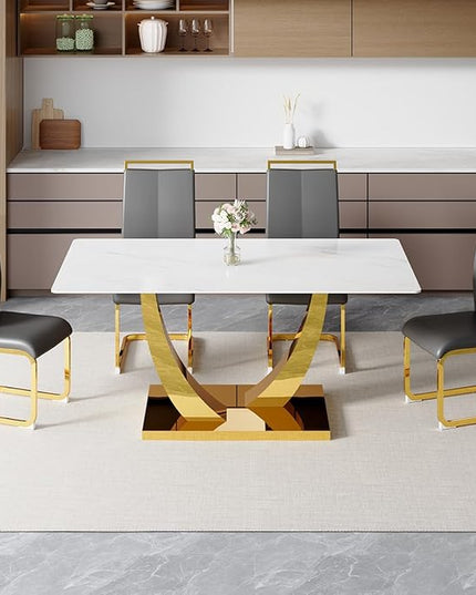 63” Dining Room Table Set for 4,Modern Gold Dining Table Set for 4, Rectangle Kitchen Table Set with Leather Chairs, White Faux Marble Dinner Table Set with Tempered Glass Top and Golden Base