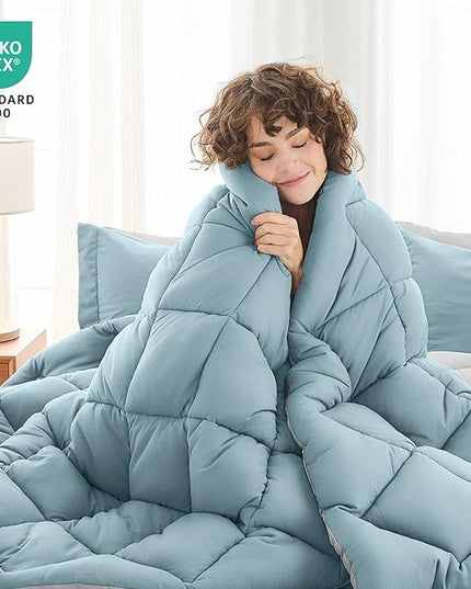 MUXHOMO 7 Pieces Full Comforter Set, Reversible Bed in a Bag Full Size, All Season Bedding Set with Comforter, Flat Sheet, Fitted Sheet, Pillowcases & Shams, Greyish Blue & Light Grey