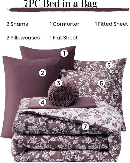 King Comforter Set -7 Pieces Floral Dark Purple Comforter Set for All Seasons, Bed in a Bag King with Botanical Flowers Comforter, Sheets, Pillowcases & Shams