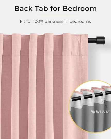 INOVADAY 100% Blackout Curtains for Bedroom, Black Out Curtains 84 Inch Long, Clip Rings Linen Blackout Drapes, Thermal Insulated Room Darkening for Living Room, 1 Panel - Blush Pink,W102xL84