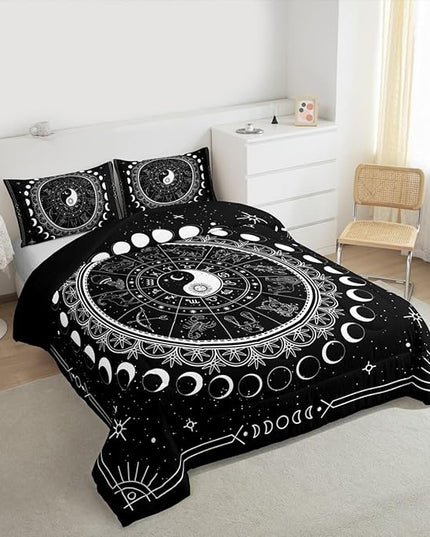 Sun Moon Kids Comforter Set King Size,Starry Sky Galaxy Planet Trippy Bedding Set,Boys Girls Adults Room Decor,12 Constellation Mandala Boho Down Comforter,Black White Duvet Insert,2 Pillowcases