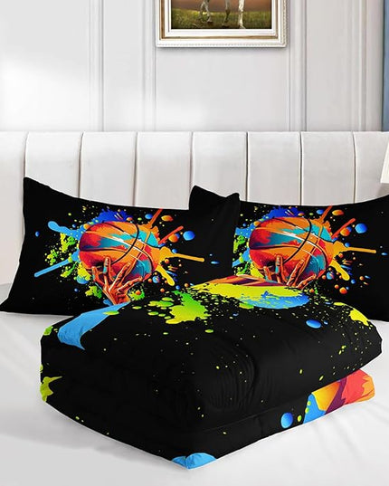 Black Basketball Comforter Set King Size,Watercolor Tie-dye Comforter Color Graffiti Hip Hop Style King Bed Set,Ball Sports Games Bedding Set for Teens Kids Bedroom Decor with 2 Pillowcases.