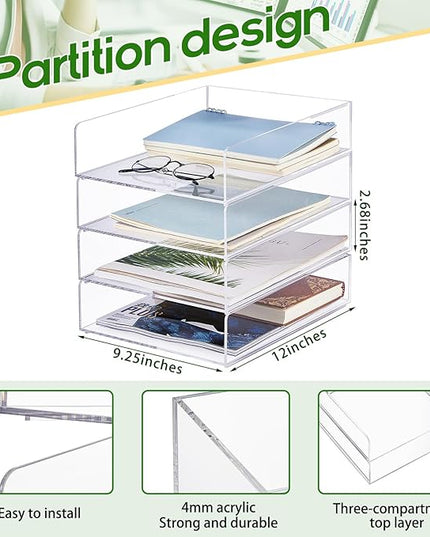 Harloon 4 Tier Acrylic Paper Tray 12 x 9.3 x 2.7 Inches Stackable Letter Clear Organizer No Need to Assemble Acrylic Paper File Organizer for Office Workspace Desktop Storage(Transparent)