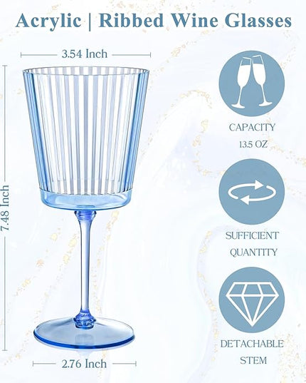24 PCS Blue Ribbed Plastic Wine Glasses 13.5 OZ Ribbed Wine Glasses Detachable Wine Glass Elegant Fluted Glassware Vintage Style for Wedding Anniversary Birthday Dinner Parties(Blue, 24 Pack)