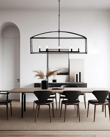 Farmhouse Iron Linear Chandelier, Industrial Cage Adjustable Height Hanging Lamp with Hammered Metal Finish, Light Fixtures for Kitchen Island, Dining Room, Hallway, Foyer, Entryway (Black)