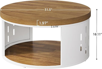 Round Coffee Table, 2-Tier Coffee Table with Open Storage Shelf, Wood Top and White Metal Frame, Modern Living Room Center Table, Light Brown